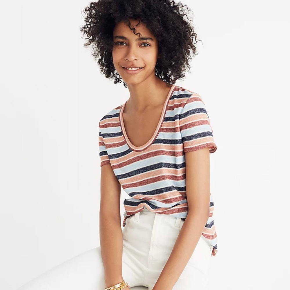 Madewell Alto in Colborne Orange/Blue Stripe Short Sleeve Scoop T Shirt Size S